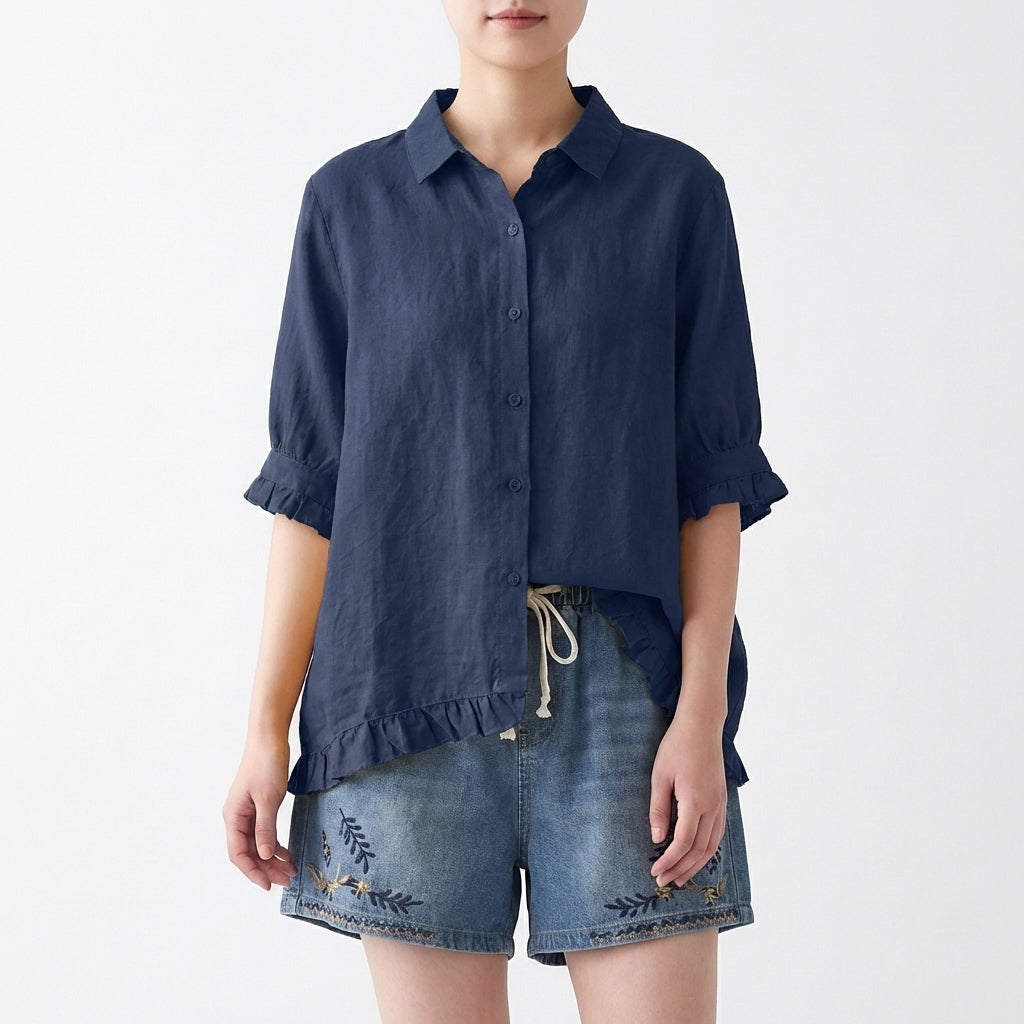 Blusa Mujer Holgada Volantes Manga Corta