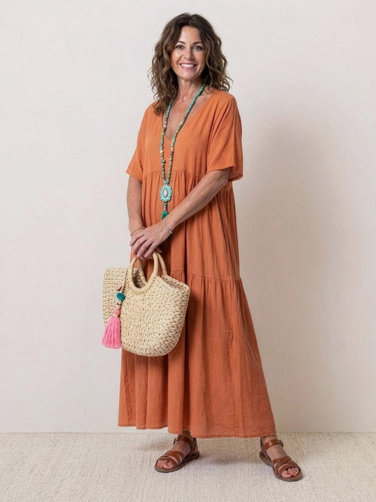 Vestido Largo Mujer Estilo Bohemio Cuello en V Veraniego - Mavetta
