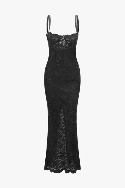 Vestido Largo Mujer de Encaje Semitransparente Ajuste Elegante
