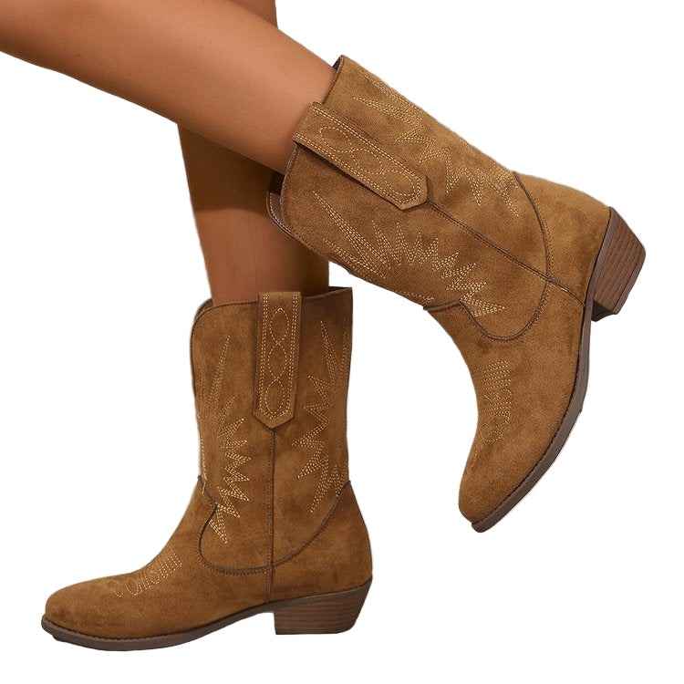 Botas Mujer Estilo Cowboy Terciopelo Punta Fina Tacón Bloque - Mavetta