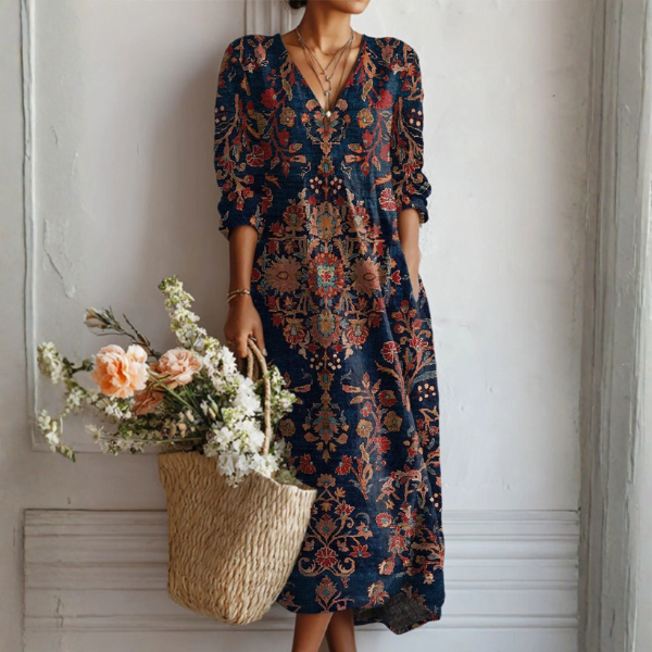 Vestido Largo Mujer de Lino Estampado Retro con Bolsillos - Mavetta