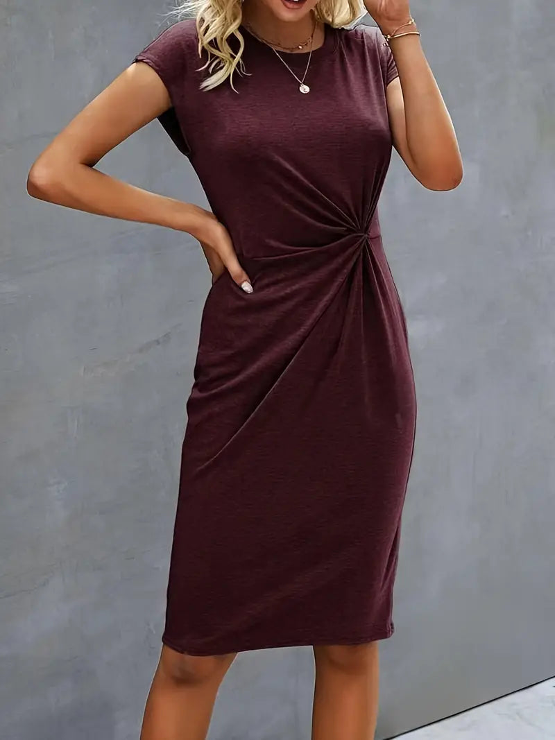 Vestido midi mujer de manga corta con detalle fruncido ajustado