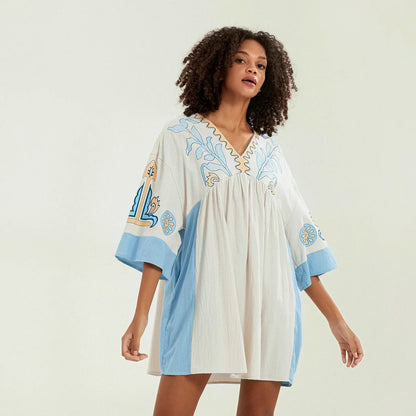 Vestido túnica mujer con bordados escote en V