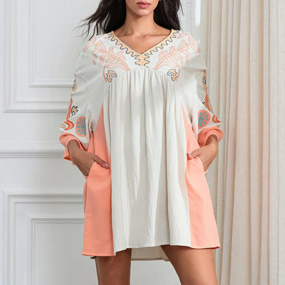 Vestido túnica mujer con bordados escote en V