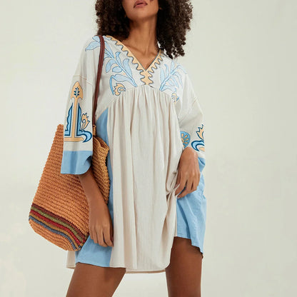 Vestido túnica mujer con bordados escote en V - Mavetta
