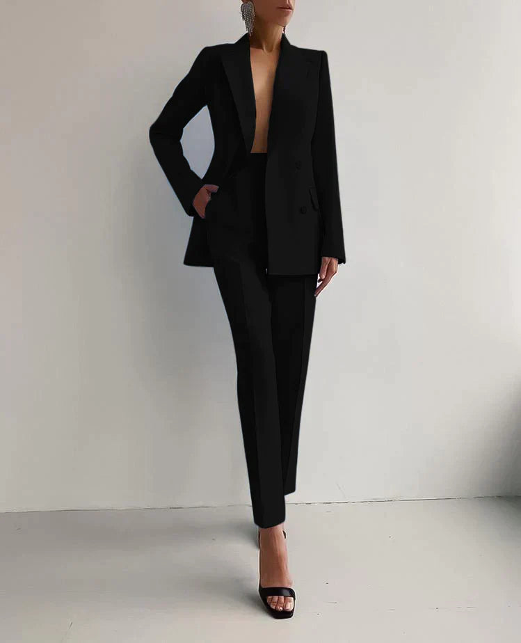 Traje Mujer Blazer Cruzada y Pantalón Estampado Ajustado