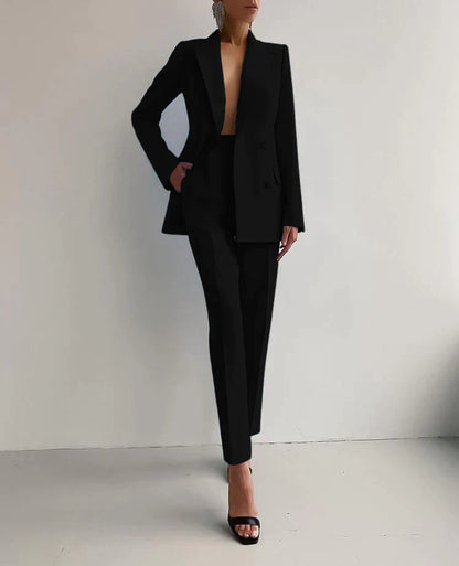Traje Mujer Blazer Cruzada y Pantalón Estampado Ajustado