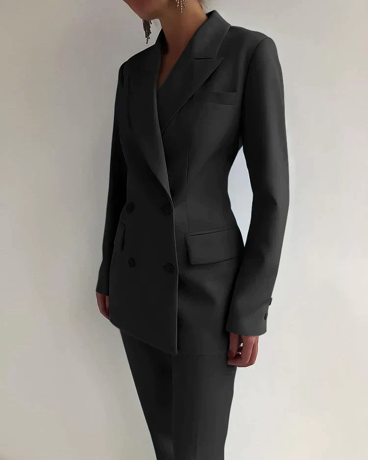 Traje Mujer Blazer Cruzada y Pantalón Estampado Ajustado