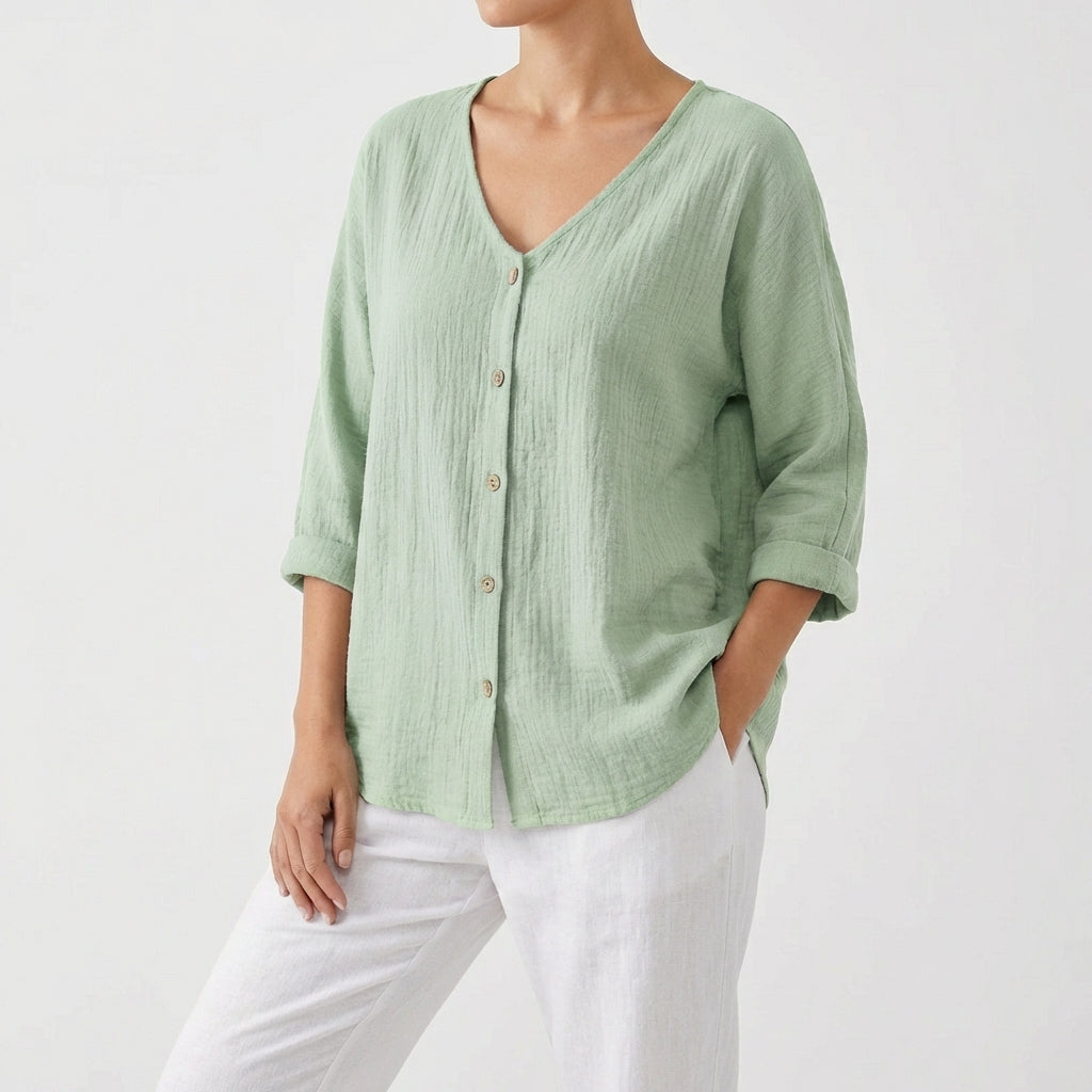 Blusa Mujer Escote en V Botones Casual