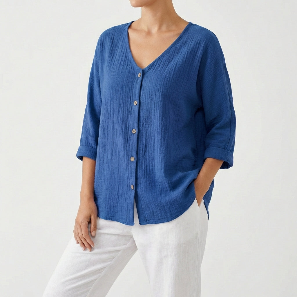 Blusa Mujer Escote en V Botones Casual