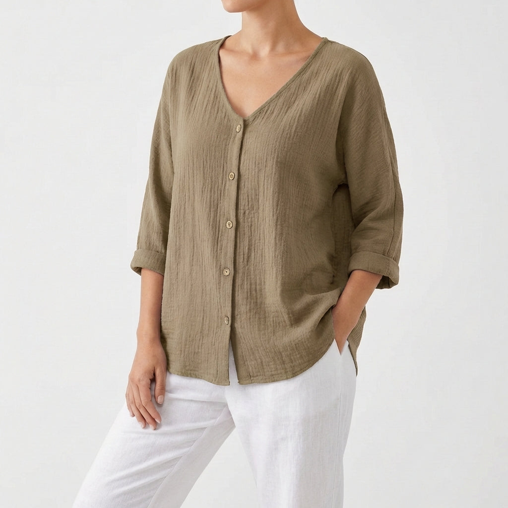 Blusa Mujer Escote en V Botones Casual