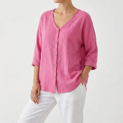 Blusa Mujer Escote en V Botones Casual