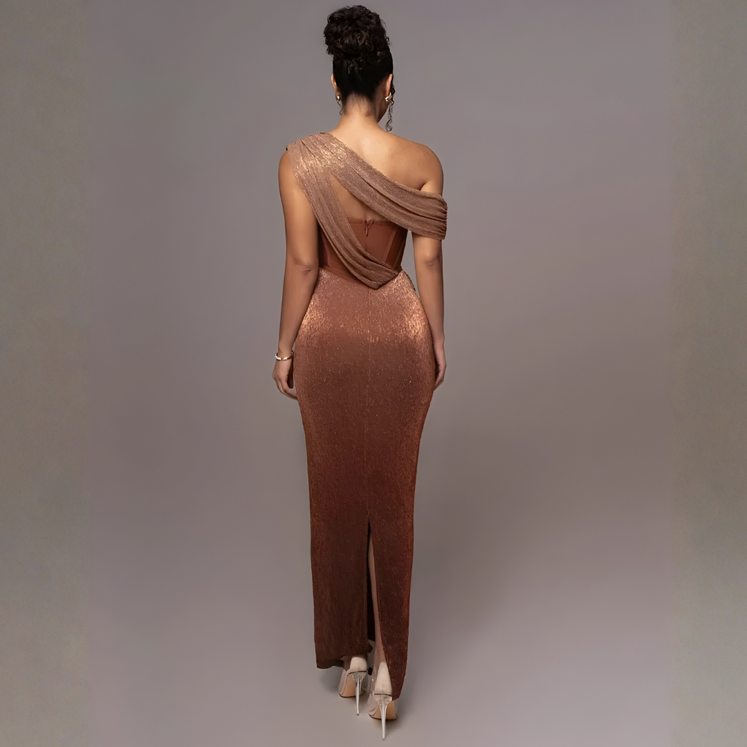Vestido Largo Mujer Asimétrico Drapeado Corsé Abertura Lateral