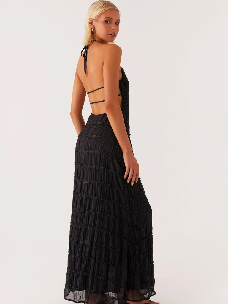Vestido largo mujer con cuello halter y pliegues