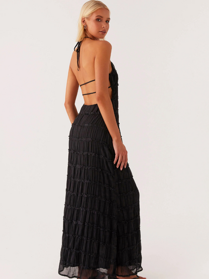 Vestido largo mujer con cuello halter y pliegues
