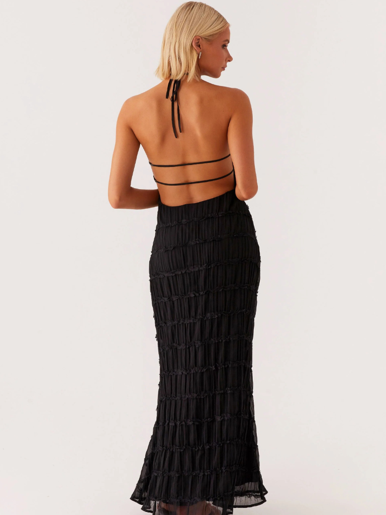 Vestido largo mujer con cuello halter y pliegues