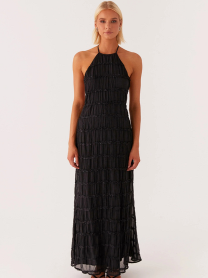 Vestido largo mujer con cuello halter y pliegues