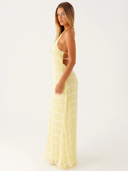 Vestido largo mujer con cuello halter y pliegues