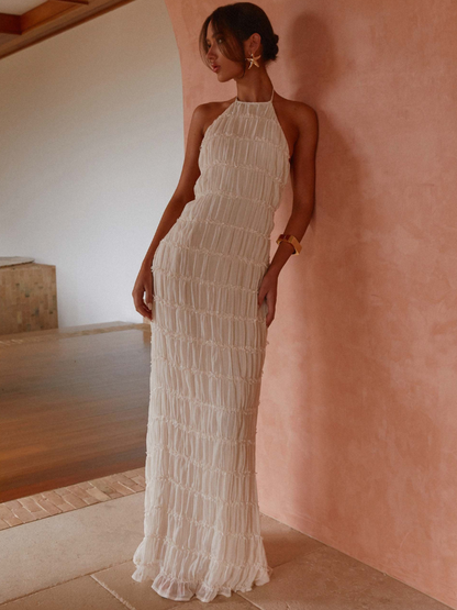 Vestido largo mujer con cuello halter y pliegues
