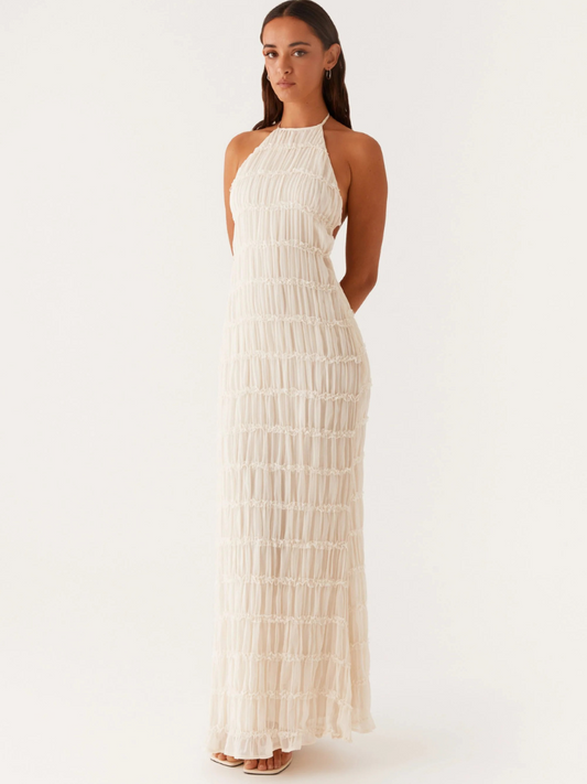 Vestido largo mujer con cuello halter y pliegues - Mavetta