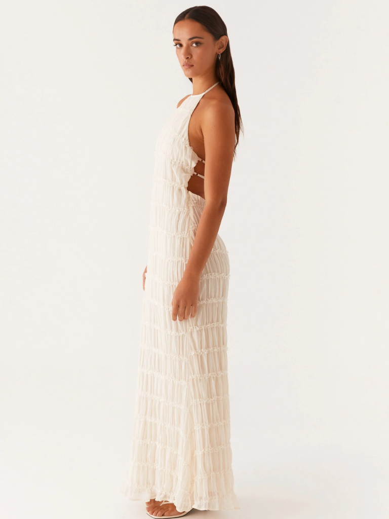 Vestido largo mujer con cuello halter y pliegues