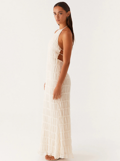 Vestido largo mujer con cuello halter y pliegues