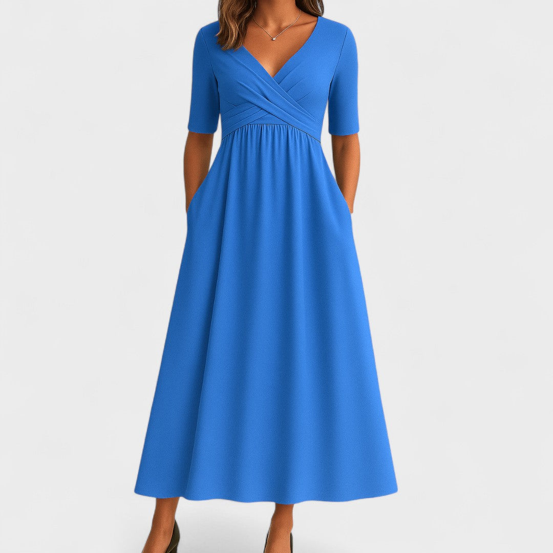 Vestido midi mujer con escote en V
