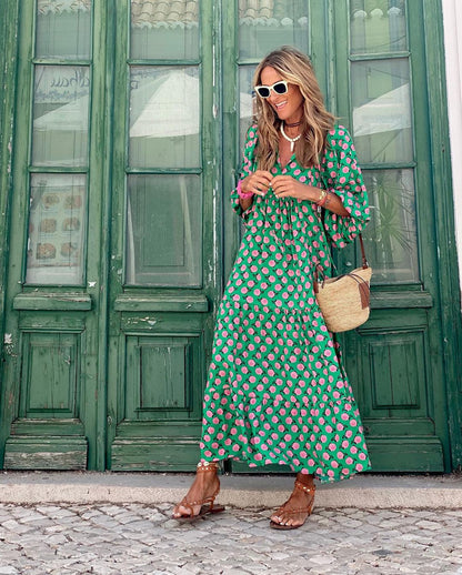 Vestido Largo Mujer Estampado Geométrico Cuello en V Bohemio