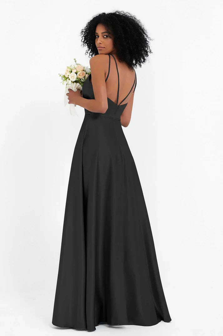 Vestido Ceremonia Mujer Satén Cuello Halter Espalda Cruzada