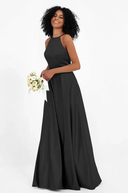 Vestido Ceremonia Mujer Satén Cuello Halter Espalda Cruzada
