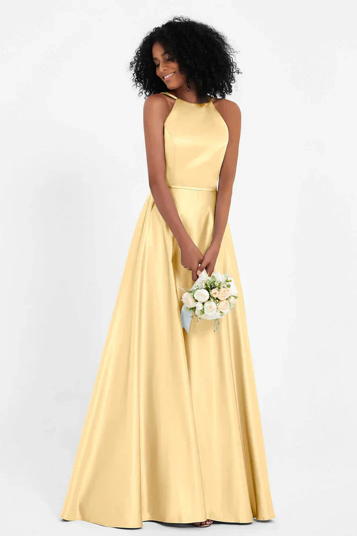 Vestido Ceremonia Mujer Satén Cuello Halter Espalda Cruzada