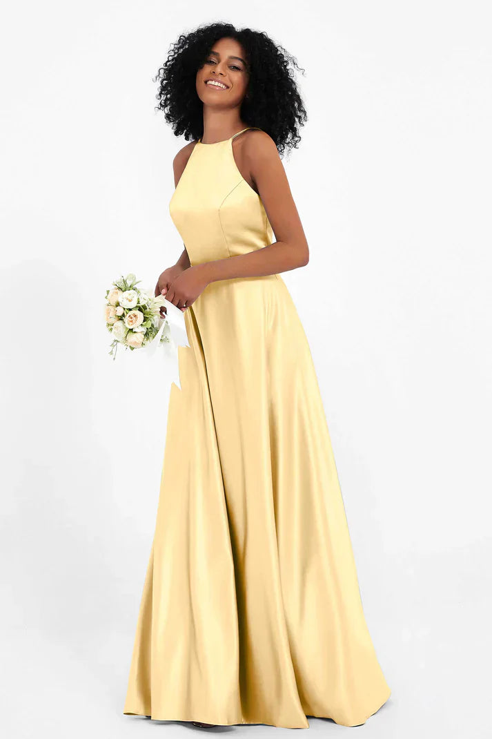 Vestido Ceremonia Mujer Satén Cuello Halter Espalda Cruzada
