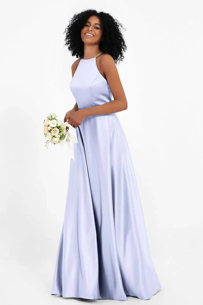 Vestido Ceremonia Mujer Satén Cuello Halter Espalda Cruzada