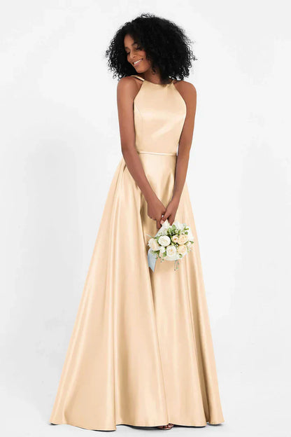 Vestido Ceremonia Mujer Satén Cuello Halter Espalda Cruzada