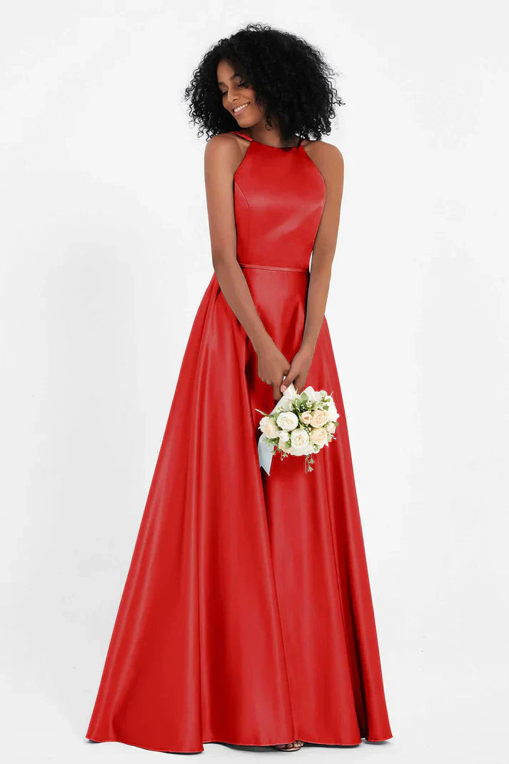 Vestido Ceremonia Mujer Satén Cuello Halter Espalda Cruzada