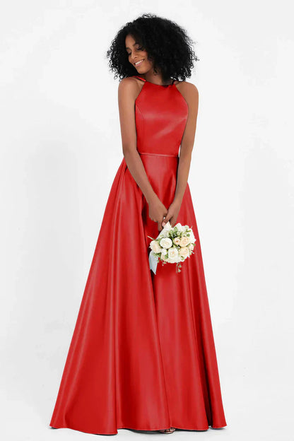 Vestido Ceremonia Mujer Satén Cuello Halter Espalda Cruzada