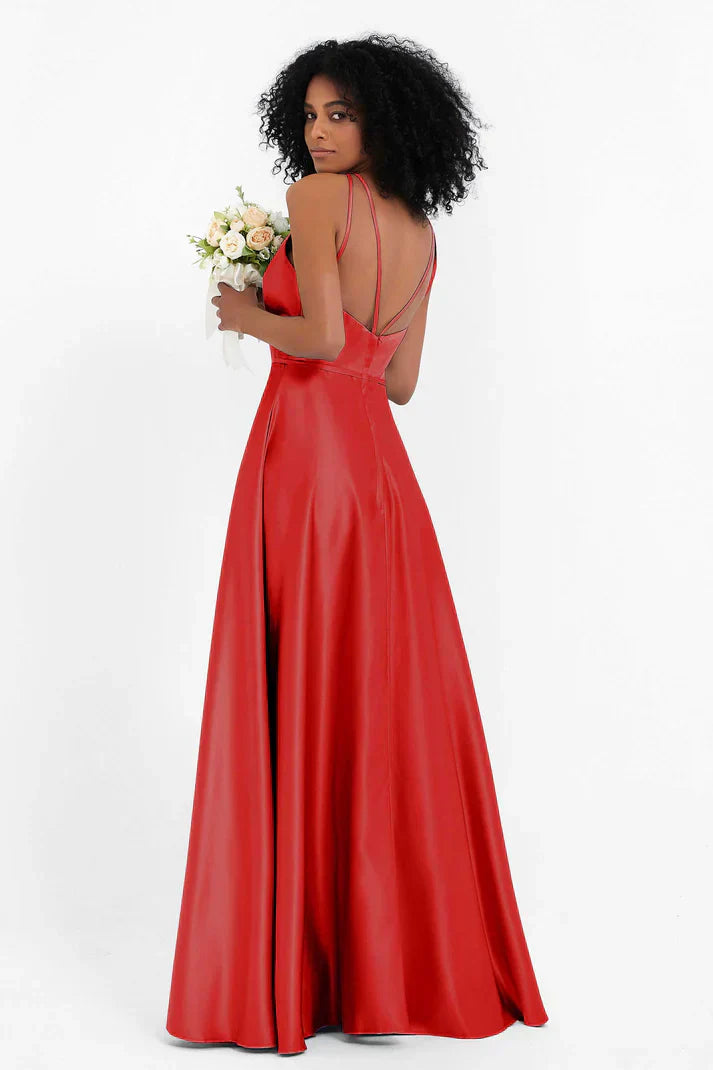 Vestido Ceremonia Mujer Satén Cuello Halter Espalda Cruzada