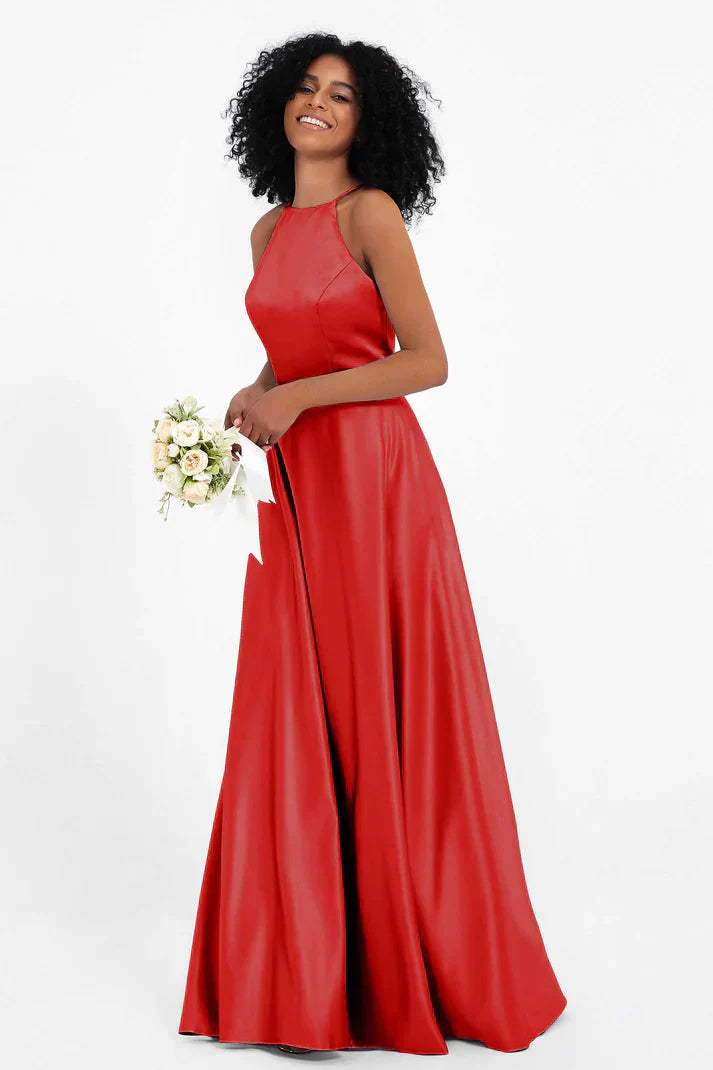 Vestido Ceremonia Mujer Satén Cuello Halter Espalda Cruzada
