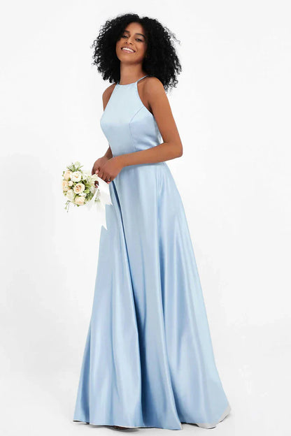 Vestido Ceremonia Mujer Satén Cuello Halter Espalda Cruzada