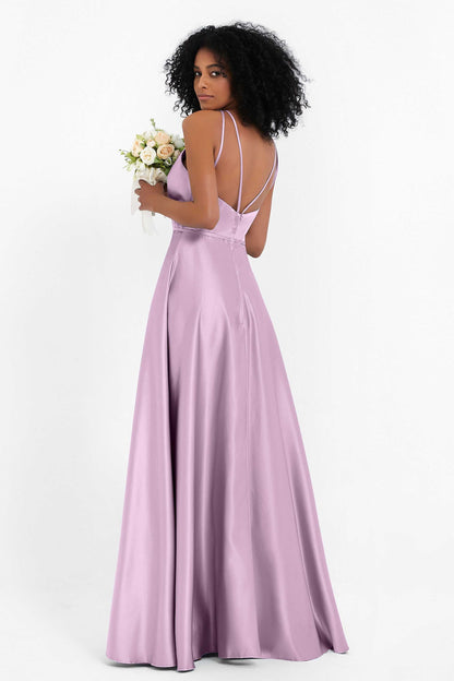 Vestido Ceremonia Mujer Satén Cuello Halter Espalda Cruzada