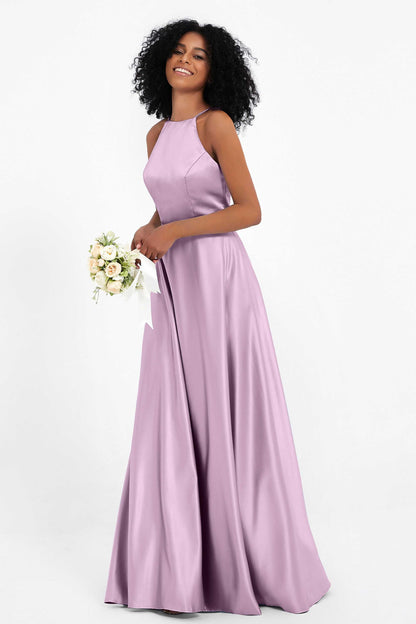 Vestido Ceremonia Mujer Satén Cuello Halter Espalda Cruzada