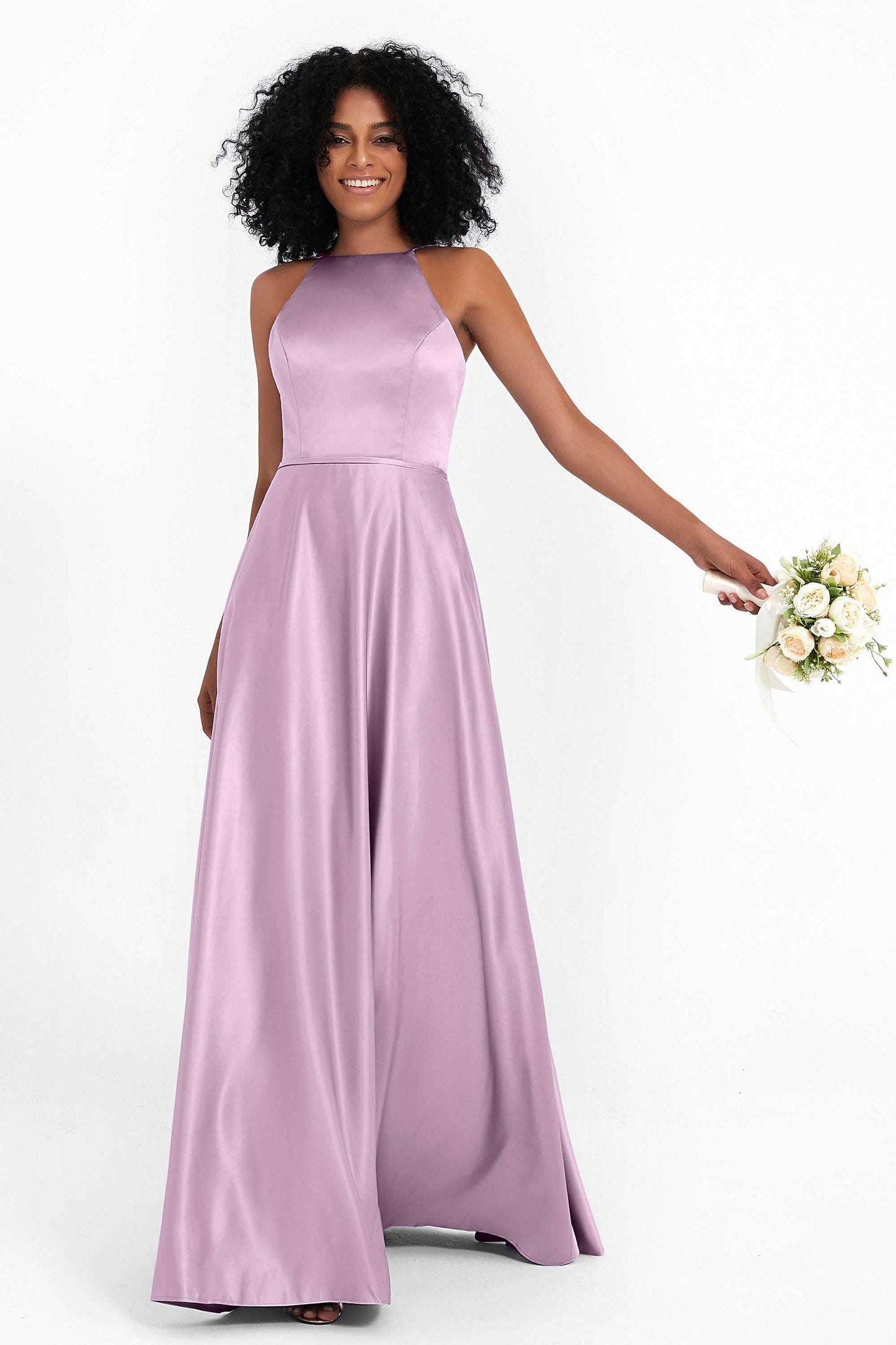 Vestido Ceremonia Mujer Satén Cuello Halter Espalda Cruzada