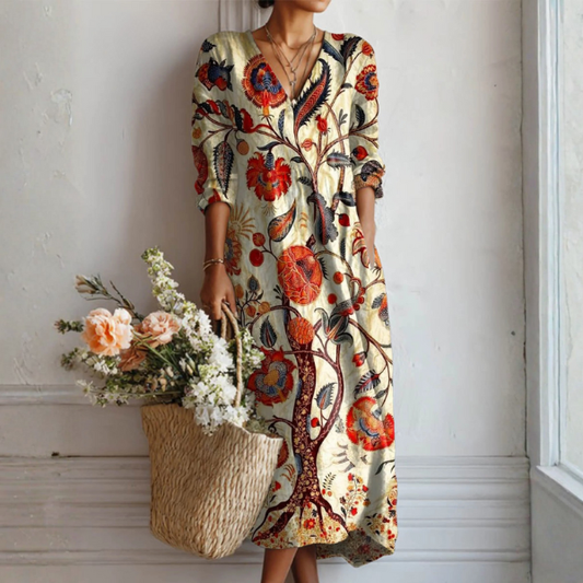 Vestido Largo Mujer de Lino Estampado Floral Bolsillos - Mavetta