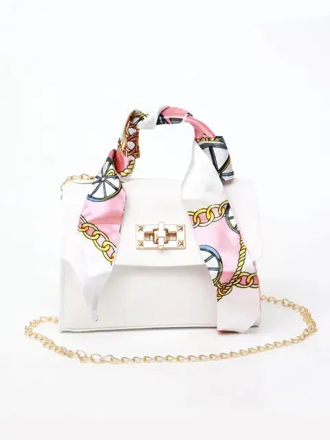 Bolso de mano mujer con cadena y pañuelo decorativo elegante
