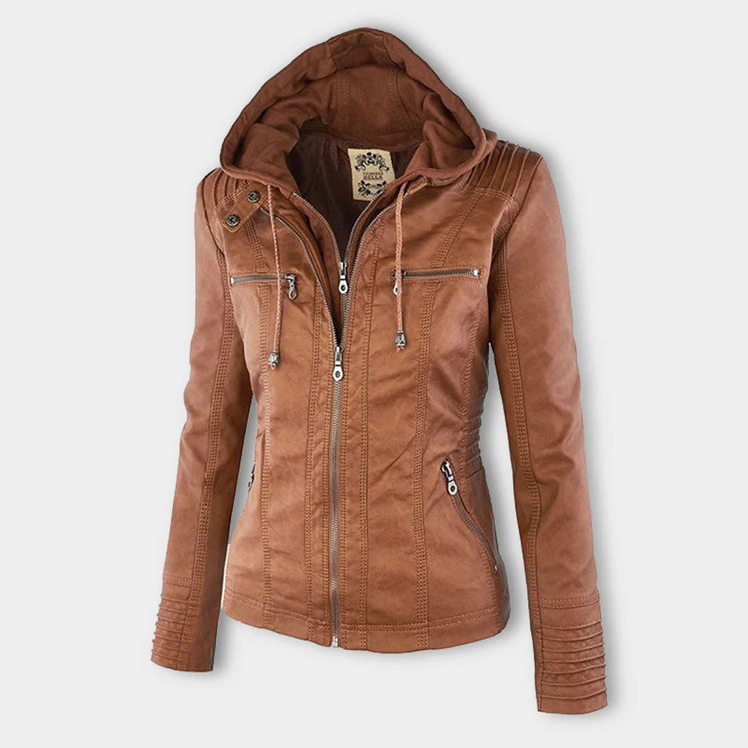 Chaqueta Mujer Imitación Cuero Impermeable con Capucha