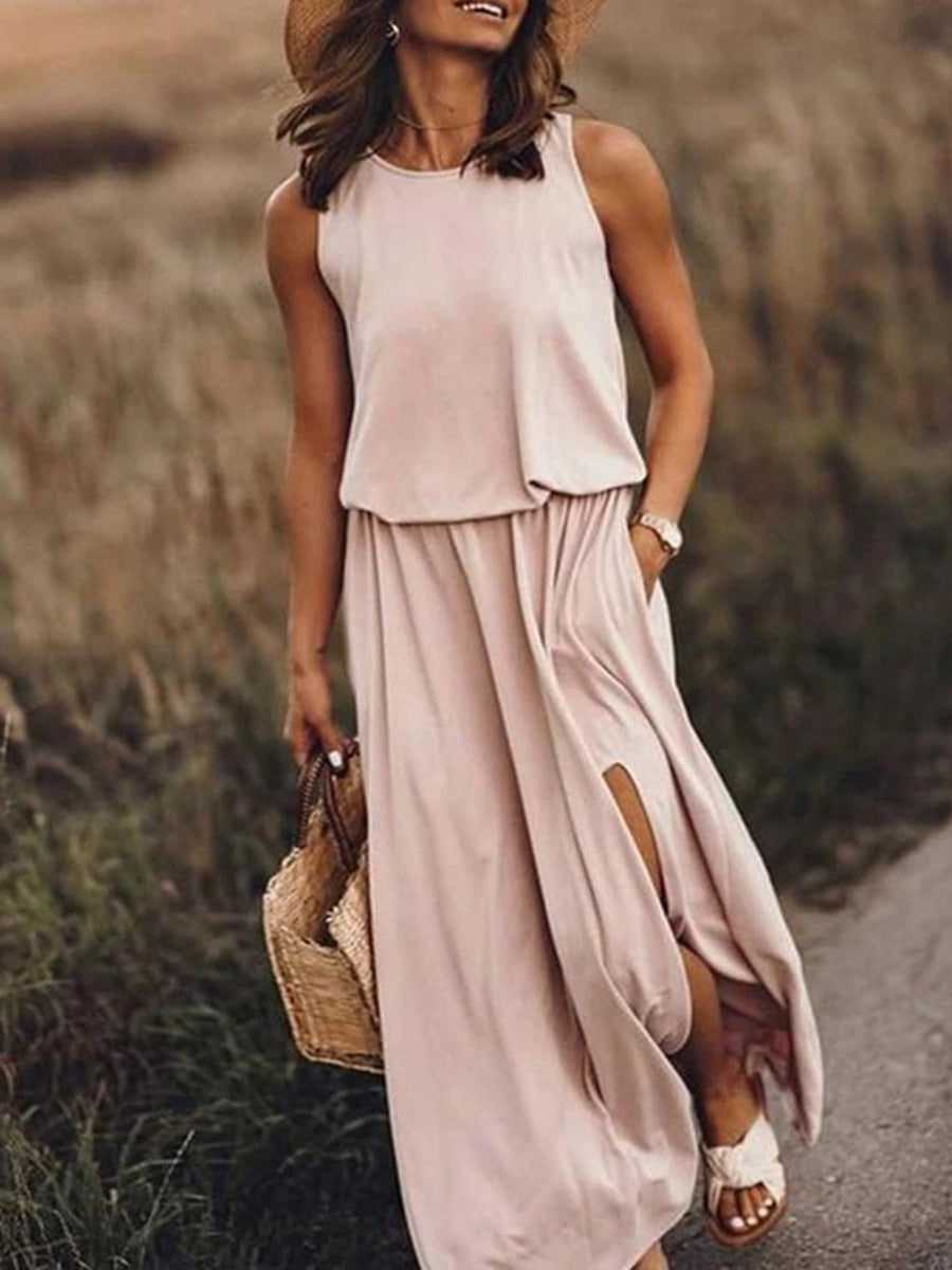 Vestido maxi mujer sin mangas abertura lateral elegante