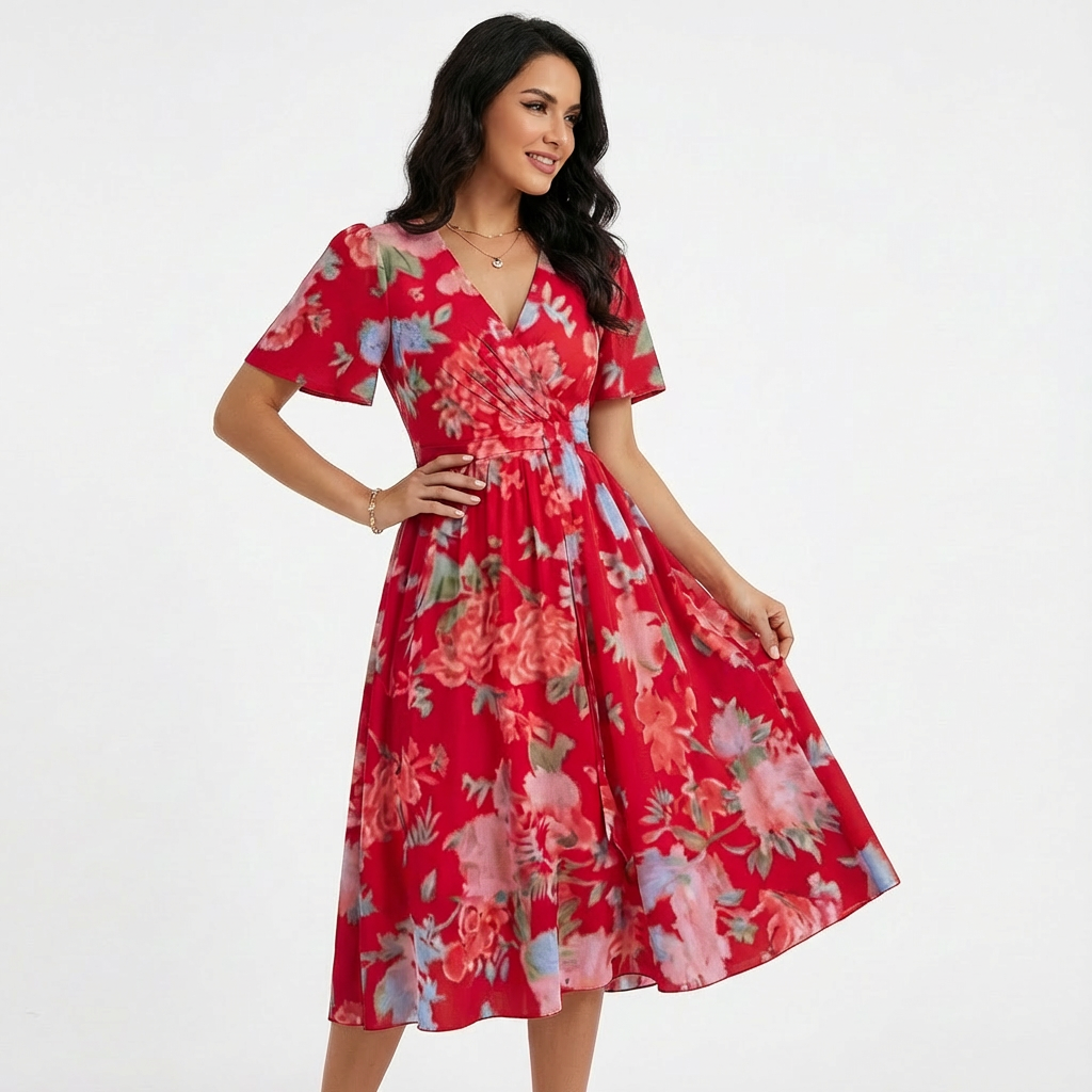 Vestido Midi Mujer Cruzado con Escote en V