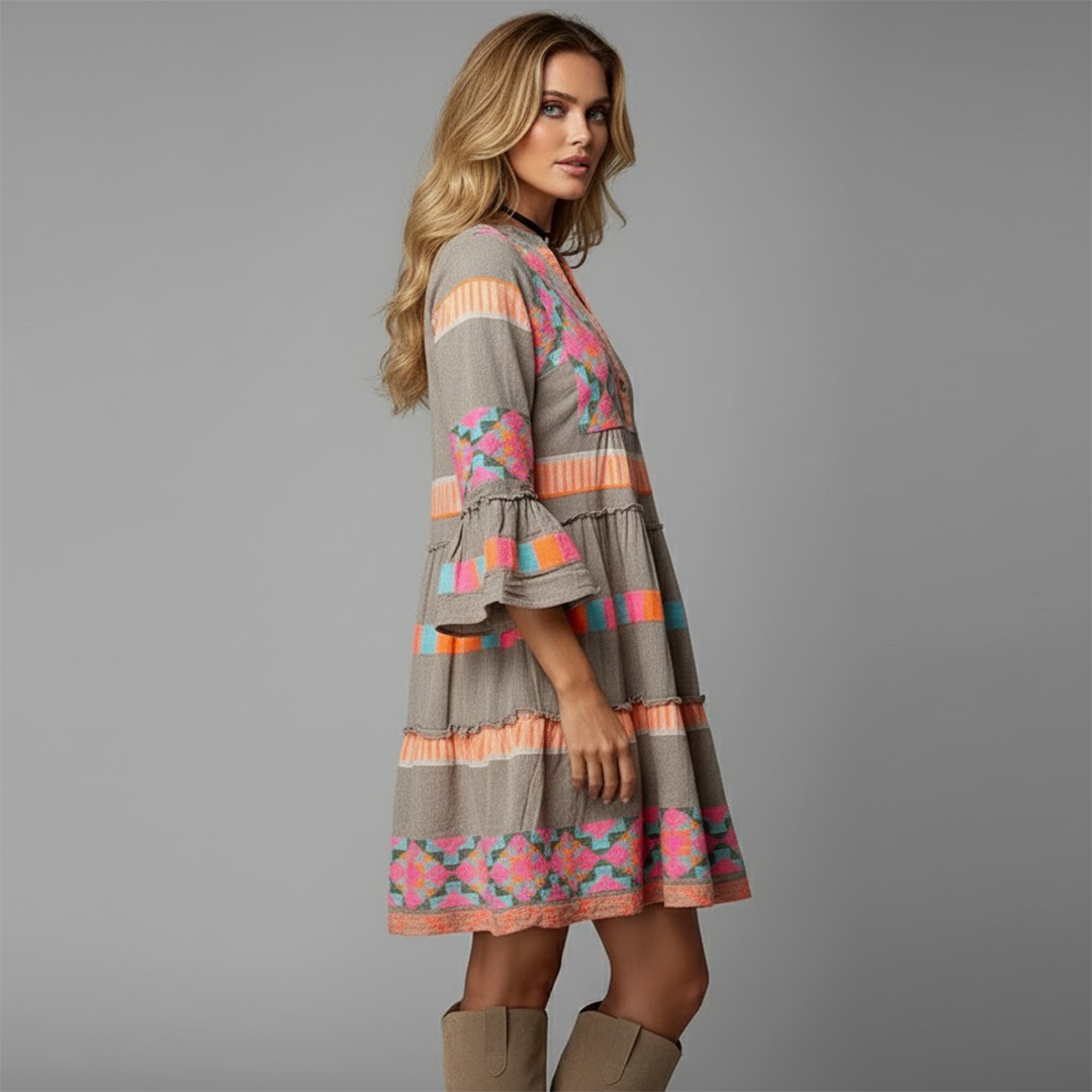 Vestido Bohemio Mujer con Mangas Acampanadas Fluido