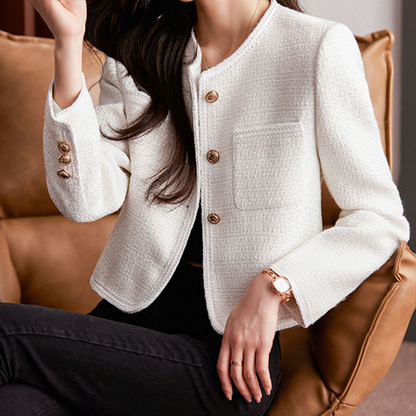 Chaqueta Corta Mujer de Tweed con Botones Cuello Redondo