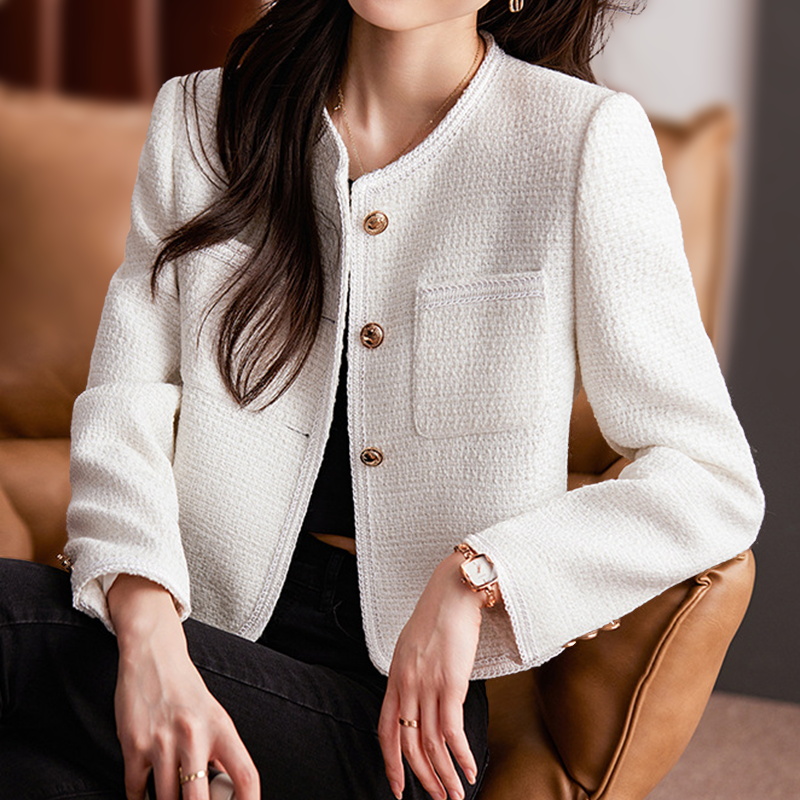 Chaqueta Corta Mujer de Tweed con Botones Cuello Redondo